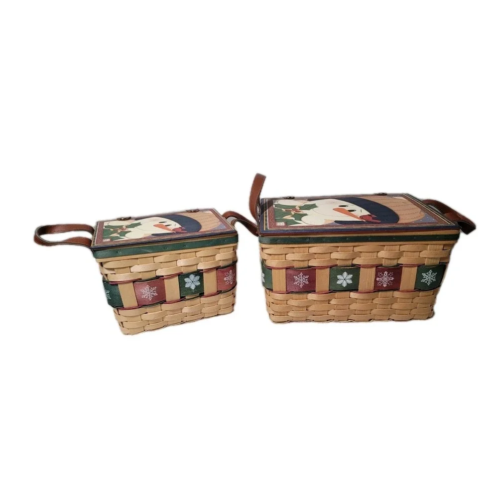 2 Christmas Baskets With Snowman Lg. & Sm Jan Shade Beach Weaved Leather Handles